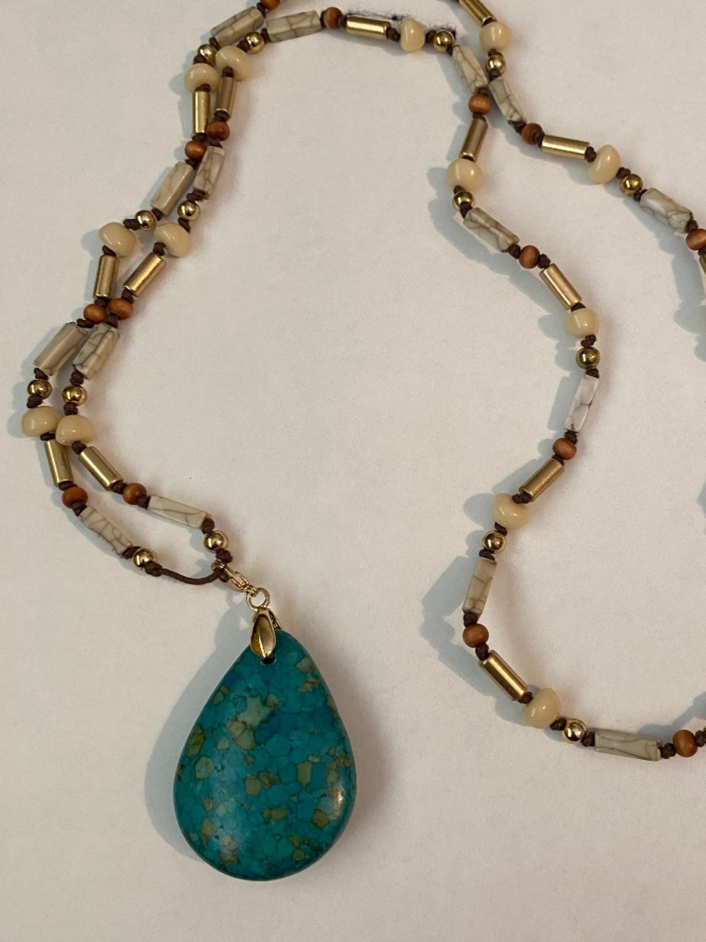 Turquoise, wood beads and gold-tone necklace